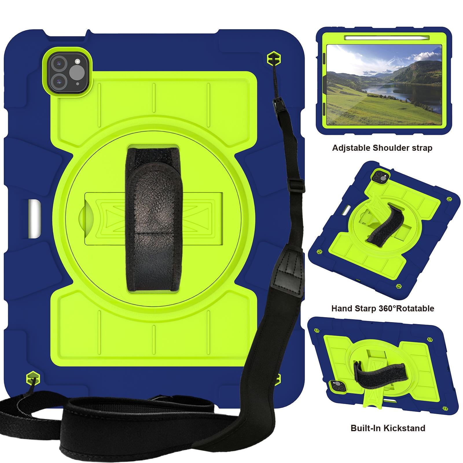 Shockproof Case for Apple iPad Air 11 Inch M4 M3 M2 2026/2025/2024, with Pencil Holder iKids Friendly Hand Strap Shoulder Strap Kickstand Anti-Scratch Case Cover for iPad Air 11",Darkblue