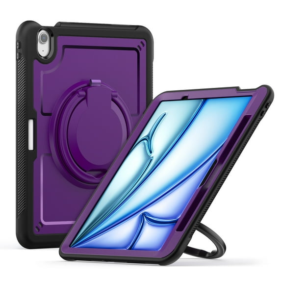 Shockproof Case for Apple iPad Air 11 Inch M3 M2 2025/2024, Rugged Hybrid Protective Cover with Pencil Holder & Shoulder Strap Kids Friendly Rotating Kickstand Case for iPad Air 11 Inch, Purple