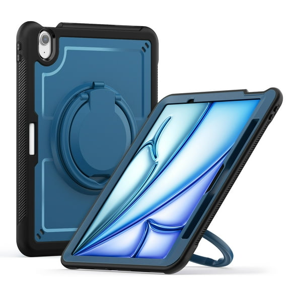Shockproof Case for Apple iPad Air 11 Inch M3 M2 2025/2024, Rugged Hybrid Protective Cover with Pencil Holder & Shoulder Strap Kids Friendly Rotating Kickstand Case for iPad Air 11 Inch, Navyblue