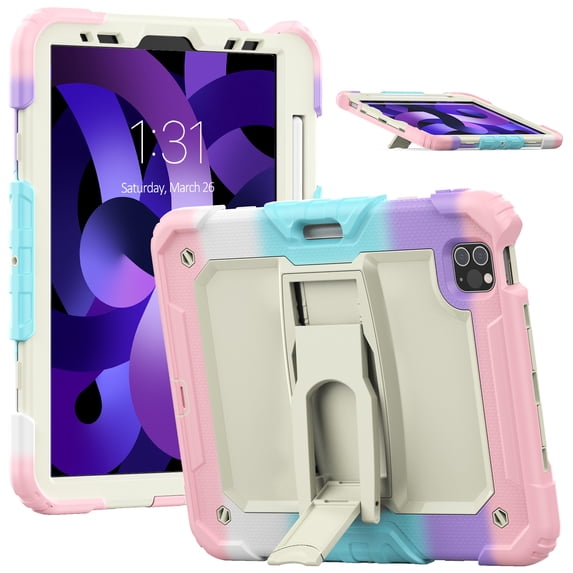 Shockproof Case for Apple iPad Air 11-inch 2024 iPad Pro 11 2022/2021/2020/2018 4th/ 3rd/ 2nd/1st/ iPad Air 4 5 10.9", Shoulder Strap Kids Case with Pencil Holder/Screen Protector,Colorful Pink