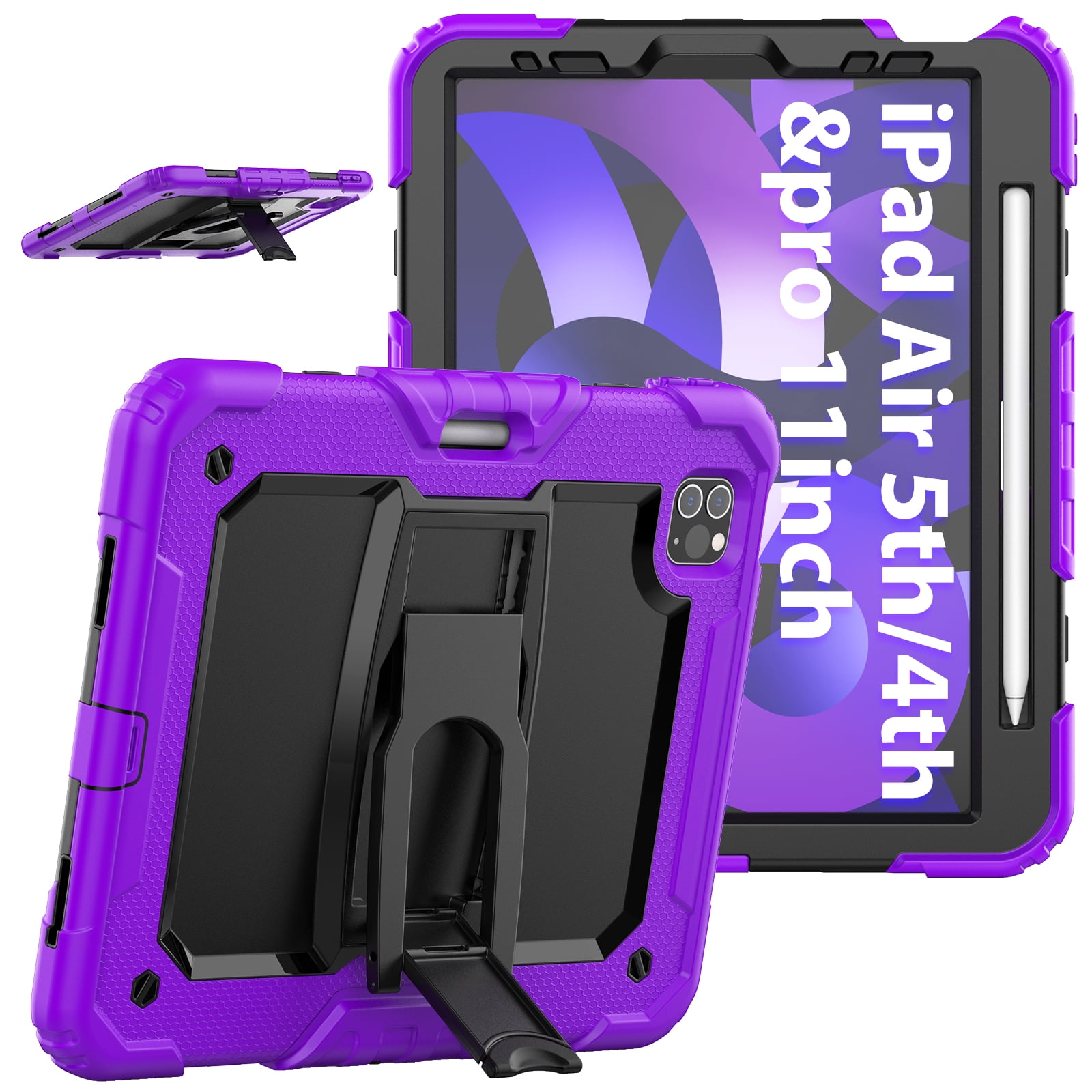 Shockproof Case for Apple iPad Air 11-inch 2024 iPad Pro 11 2022/2021/2020/2018 4th/ 3rd/ 2nd/1st/ iPad Air 4 5 10.9", Shoulder Strap Kids Case with Pencil Holder/Screen Protector,Purple