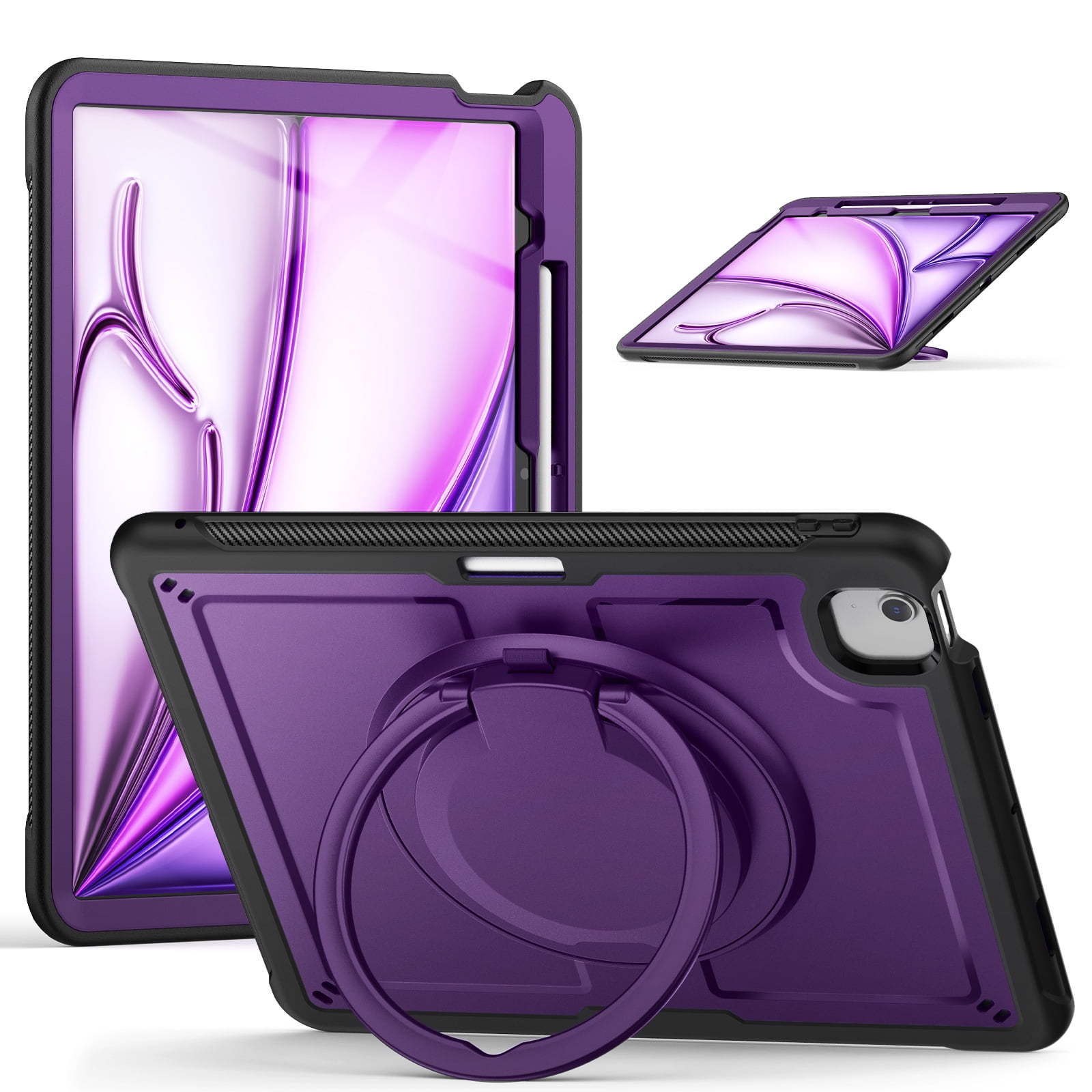 Shockproof Case for Apple iPad Air 13 Inch 2024 M2, Rugged Hybrid Protective Cover with Pencil Holder & Shoulder Strap Kids Friendly Rotating Kickstand Case for iPad Air 13" 2024, Purple