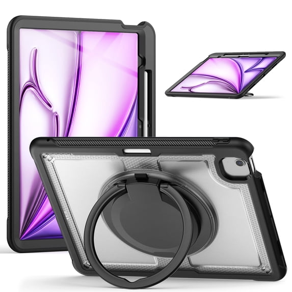Shockproof Case for Apple iPad Air 13 Inch 2024 M2, Rugged Hybrid Protective Cover with Pencil Holder & Shoulder Strap Kids Friendly Rotating Kickstand Case for iPad Air 13" 2024, Clear