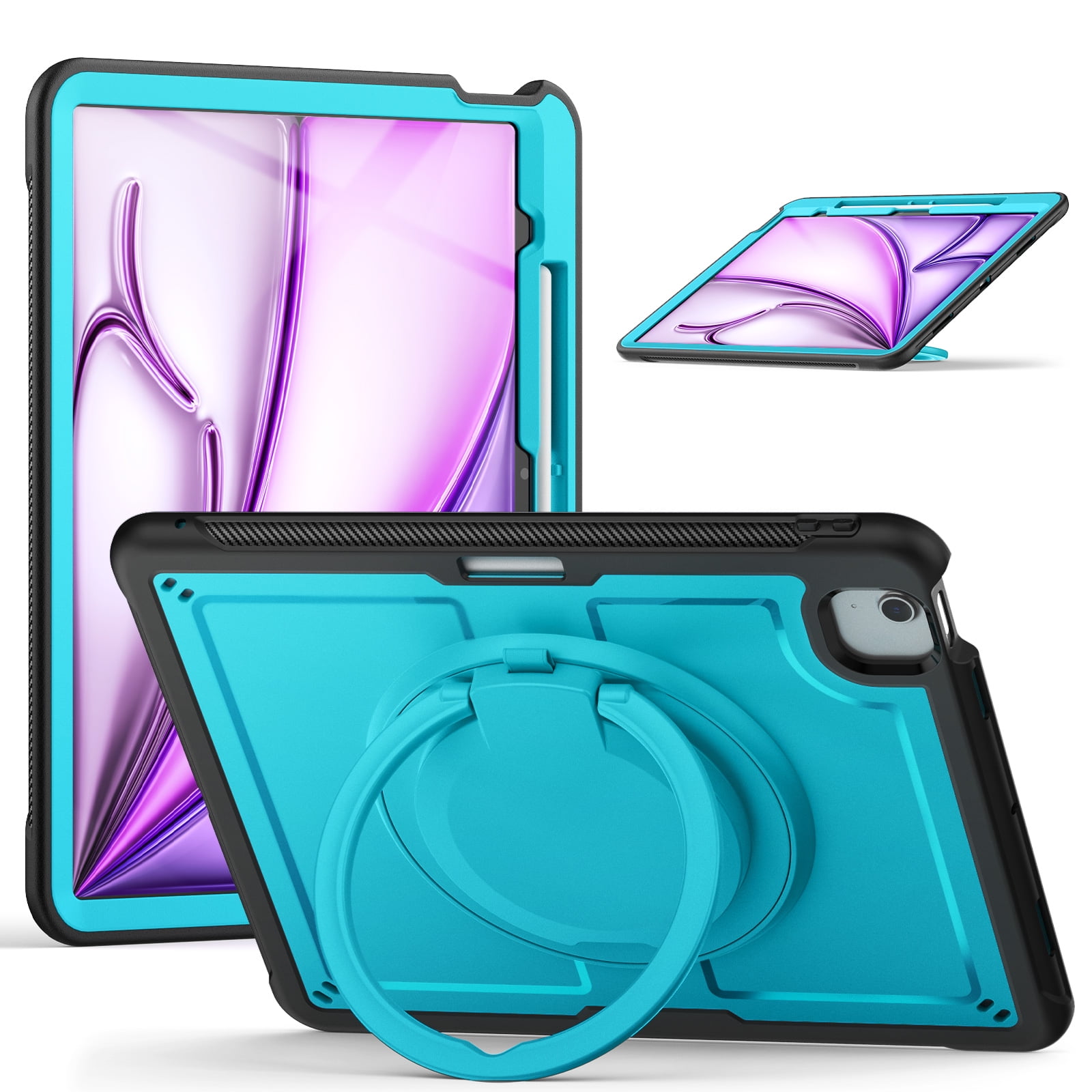 Shockproof Case for Apple iPad Air 13 Inch 2024 M2, Rugged Hybrid Protective Cover with Pencil Holder & Shoulder Strap Kids Friendly Rotating Kickstand Case for iPad Air 13" 2024, Lightblue
