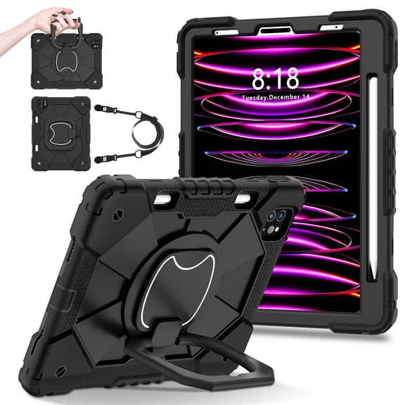 Shockproof Case for Apple iPad Air 13 M2 2024, Build in Pencil Holder Rotating Stand Shoulder Strap Bumper Shockproof Rugged Kids Friendly Case Cover for iPad Air 13 Inch M2 2024, Black