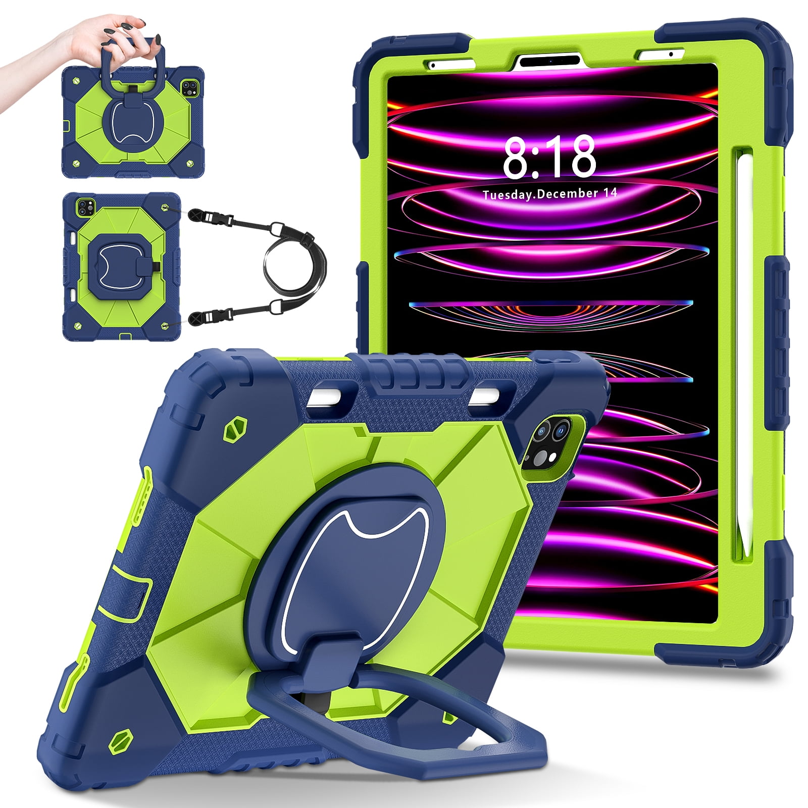 Shockproof Case for Apple iPad Air 13 M2 2024, Build in Pencil Holder Rotating Stand Shoulder Strap Bumper Shockproof Rugged Kids Friendly Case Cover for iPad Air 13 Inch M2 2024, Blue+Olive