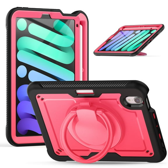 Shockproof Case for Apple iPad Mini 6th 7th Generation 8.3 Inch, Rugged Hybrid Protective Cover with Pencil Holder & Shoulder Strap Kids Friendly Rotating Kickstand Case for iPad Mini 6 7,Rose