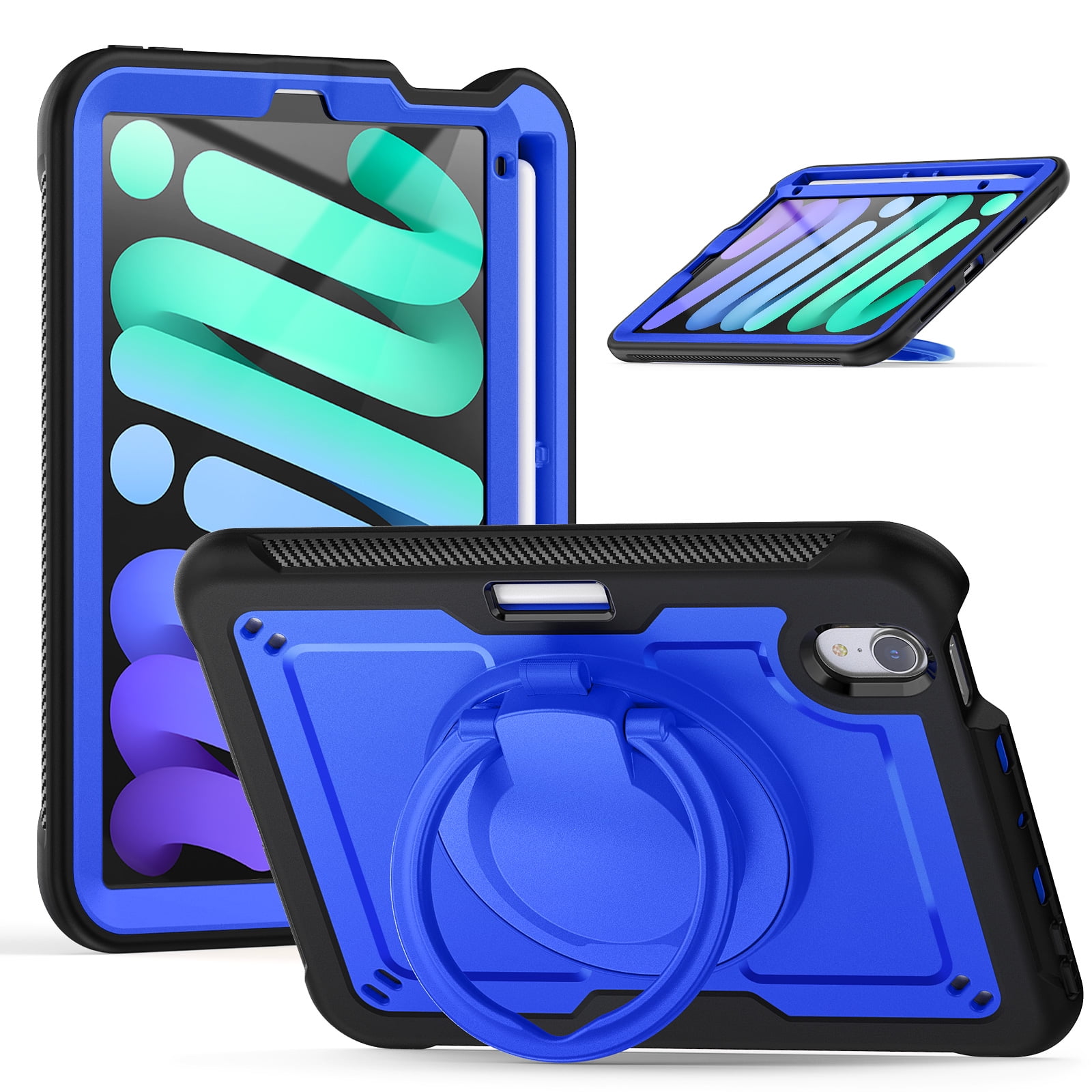 Shockproof Case for Apple iPad Mini 6th 7th Generation 8.3 Inch, Rugged Hybrid Protective Cover with Pencil Holder & Shoulder Strap Kids Friendly Rotating Kickstand Case for iPad Mini 6 7,Darkblue