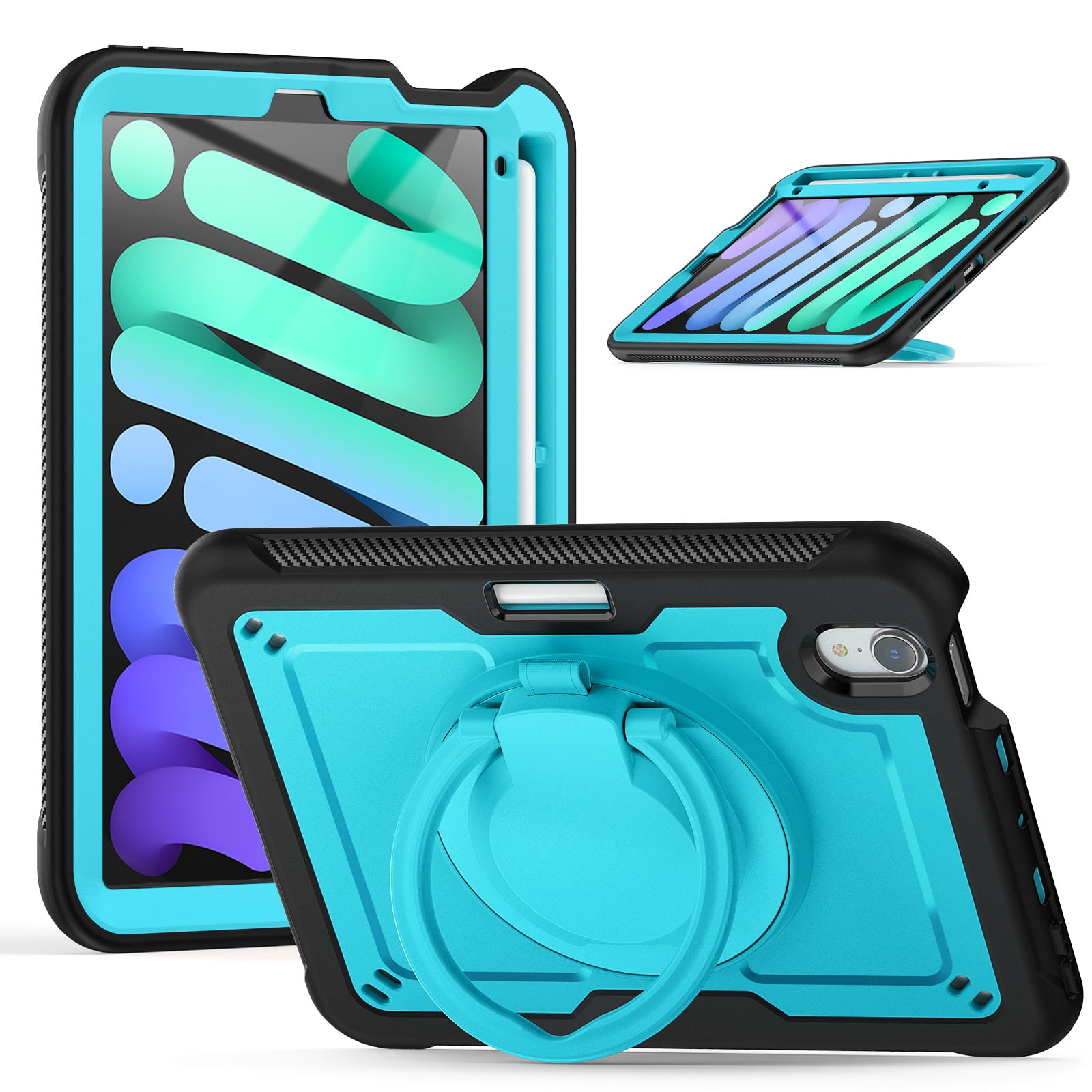 Shockproof Case for Apple iPad Mini 6th 7th Generation 8.3 Inch, Rugged Hybrid Protective Cover with Pencil Holder & Shoulder Strap Kids Friendly Rotating Kickstand Case for iPad Mini 6 7,Lightblue
