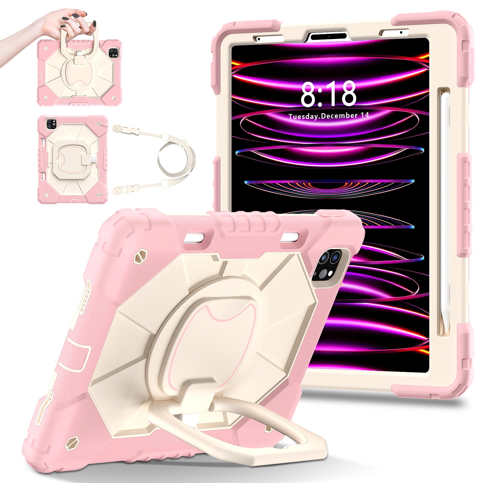 Shockproof Case for Apple iPad Pro 11 4th Generation 2022 / 3rd Gen 2021/ 2nd Gen 2020 /1st Gen 2018/ iPad Air 5th Gen 2022 / iPad Air 4th Gen 2020, Pencil Holder Stand Case,Rosegold