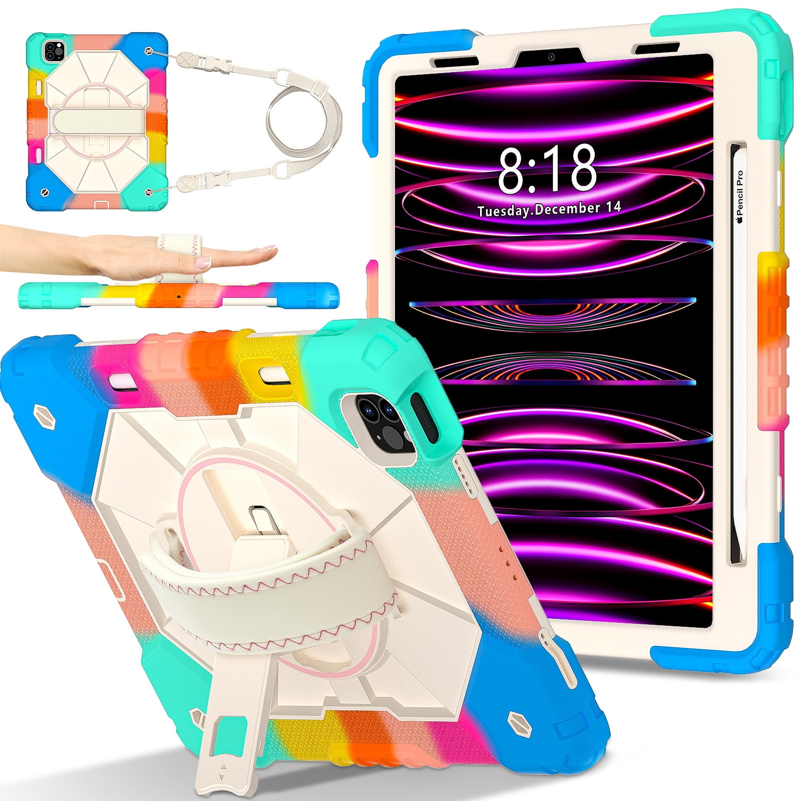 Shockproof Case for Apple iPad Pro 11 Inch 2022/2021/2020/2018 4th 3rd 2nd 1st Gen/ iPad Air 5th 4th Gen 10.9 Inch,Rotating Kickstand Pencil Holder Shoulder Strap Hand Strap Bumper Cover,Colorful Blue