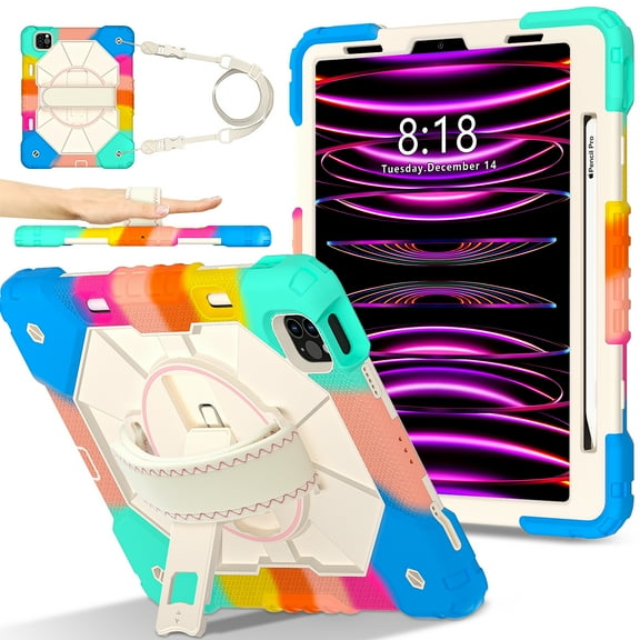 Shockproof Case for Apple iPad Pro 11 Inch 2022/2021/2020/2018 4th 3rd 2nd 1st Gen/ iPad Air 5th 4th Gen 10.9 Inch,Rotating Kickstand Pencil Holder Shoulder Strap Hand Strap Bumper Cover,Colorful Blue