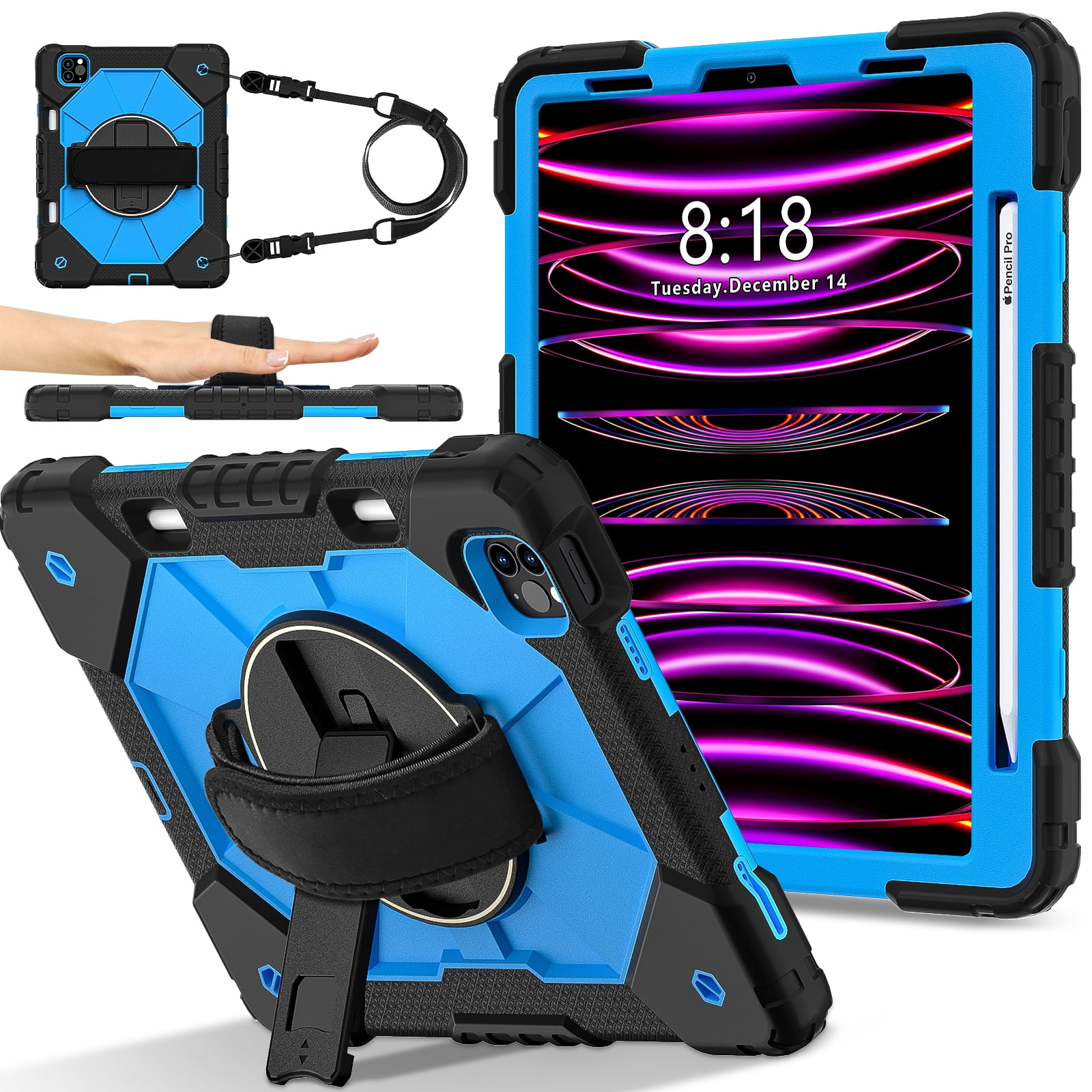 Shockproof Case for Apple iPad Pro 11 Inch 2022/2021/2020/2018 4th 3rd 2nd 1st Gen/ iPad Air 5th 4th Gen 10.9 Inch, Rotating Kickstand Pencil Holder Shoulder Strap Hand Strap Bumper Cover, Blue+Black