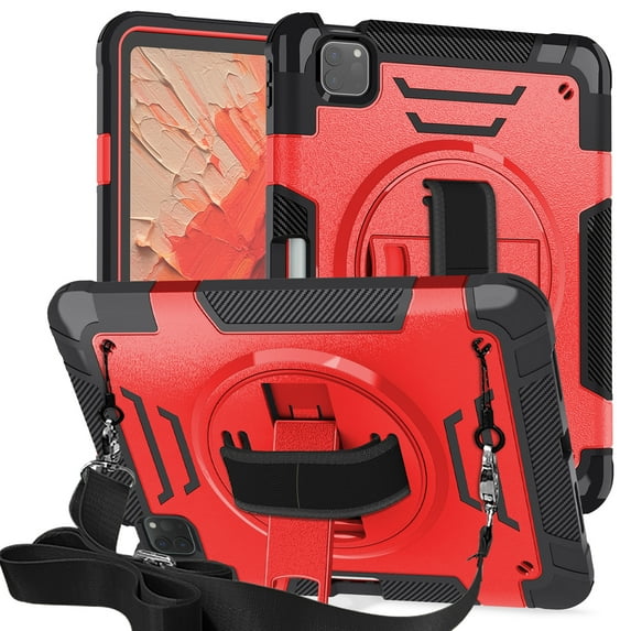 Shockproof Case for Apple iPad Pro 11 Inch 2022/2021/2020/2019/ iPad Air 5th 4th Gen, with Pencil Holder Military Grade Protection Rotating Stand Hand Strap Shoulder Strap Bumper Rugged Case, Red