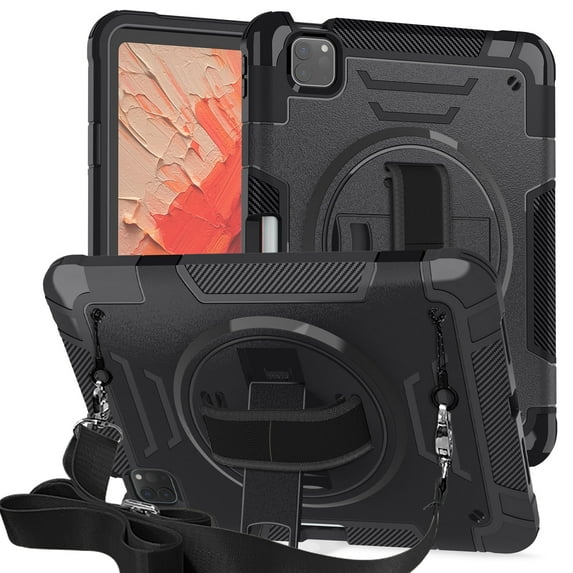 Shockproof Case for Apple iPad Pro 11 Inch 2022/2021/2020/2019/ iPad Air 5th 4th Gen, with Pencil Holder Military Grade Protection Rotating Stand Hand Strap Shoulder Strap Bumper Rugged Case, Black