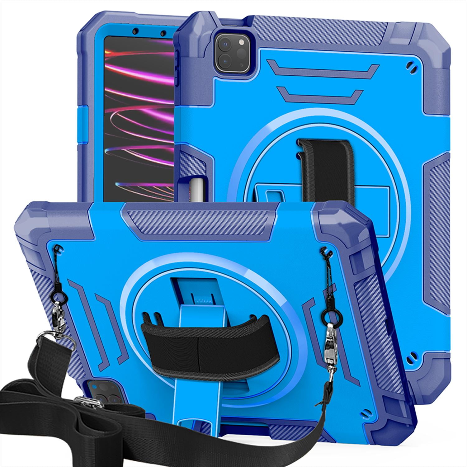 Shockproof Case for Apple iPad Pro 11 Inch 2024 M4, with Pencil Holder Military Grade Protection Rotating Stand Hand Strap Shoulder Strap Bumper Rugged Case for iPad Pro 11" 2024, Blue
