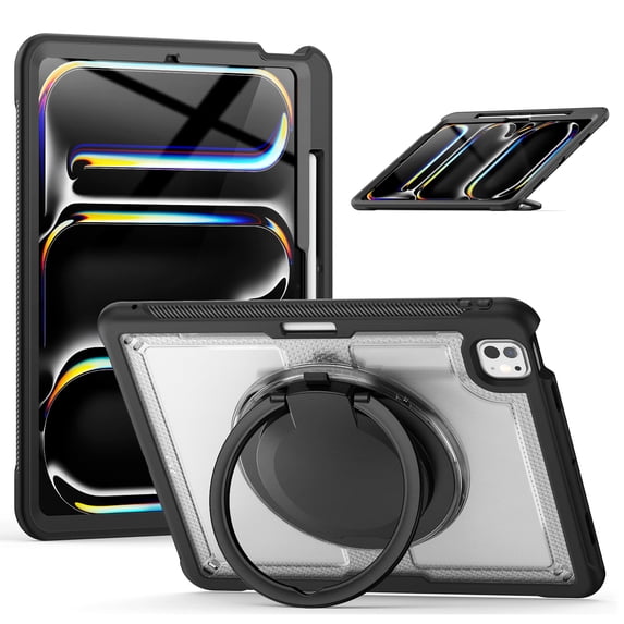 Shockproof Case for Apple iPad Pro 11 Inch 2024, Rugged Hybrid Protective Cover with Pencil Holder & Shoulder Strap Kids Friendly Rotating Kickstand Case for iPad Pro 11" 2024 M4,Clear