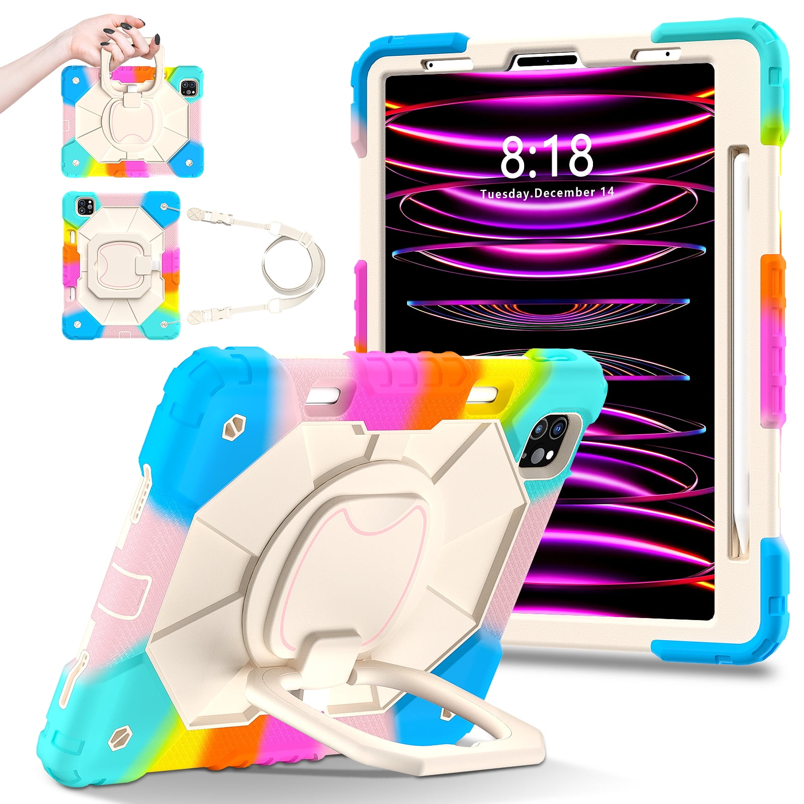 Shockproof Case for Apple iPad Pro 11 M4 2024, Build in Pencil Holder Rotating Stand Shoulder Strap Bumper Shockproof Rugged Kids Friendly Case Cover for iPad Pro 11 Inch M4 2024, Colorful