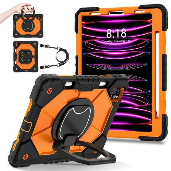 Shockproof Case for Apple iPad Pro 11 M4 2024, Build in Pencil Holder Rotating Stand Shoulder Strap Bumper Shockproof Rugged Kids Friendly Case Cover for iPad Pro 11 Inch M4 2024, Orange
