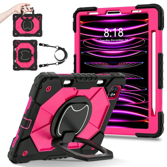 Shockproof Case for Apple iPad Pro 11 M4 2024, Build in Pencil Holder Rotating Stand Shoulder Strap Bumper Shockproof Rugged Kids Friendly Case Cover for iPad Pro 11 Inch M4 2024, Rose