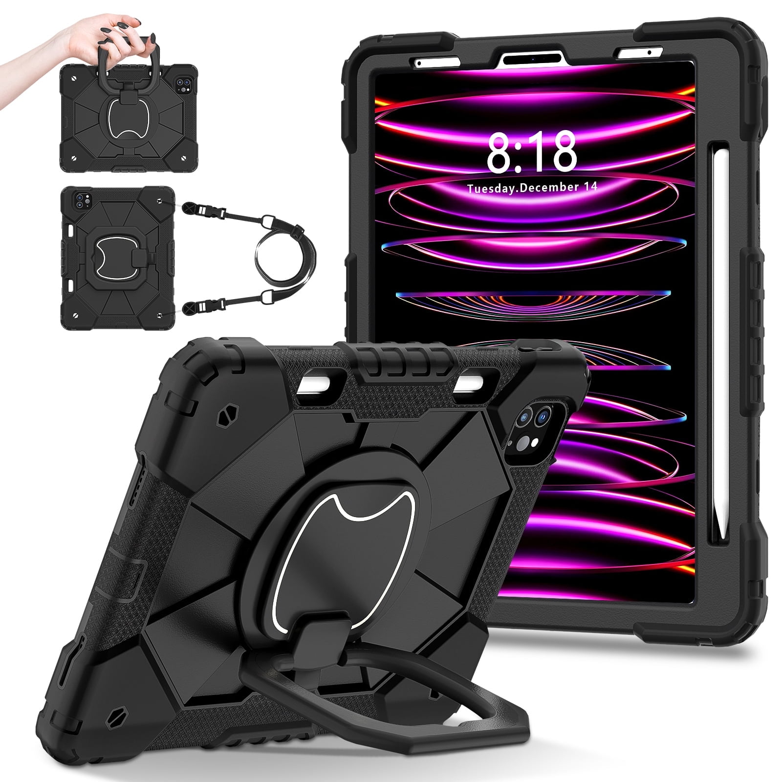 Shockproof Case for Apple iPad Pro 11 M4 2024, Build in Pencil Holder Rotating Stand Shoulder Strap Bumper Shockproof Rugged Kids Friendly Case Cover for iPad Pro 11 Inch M4 2024, Black