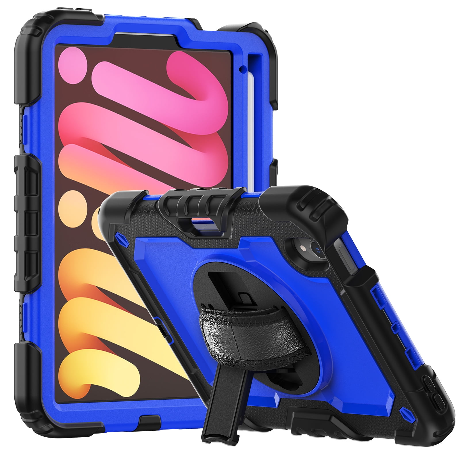 Shockproof Case for Apple iPad mini 6 /7 8.3" with Build In Screen Protector, Rugged Rotating Stand Shoulder Strap Pencil Holder Kids Friendly Bumper Case for Apple iPad mini 6/ Mini 7, Blue+Black