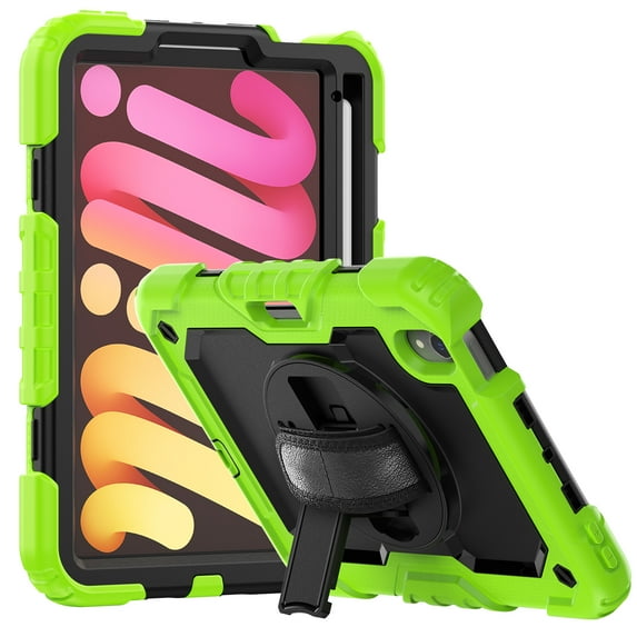 Shockproof Case for Apple iPad mini 6 /7 8.3" with Build In Screen Protector, Rugged Rotating Stand Shoulder Strap Pencil Holder Kids Friendly Bumper Case for Apple iPad mini 6/ Mini 7, Green