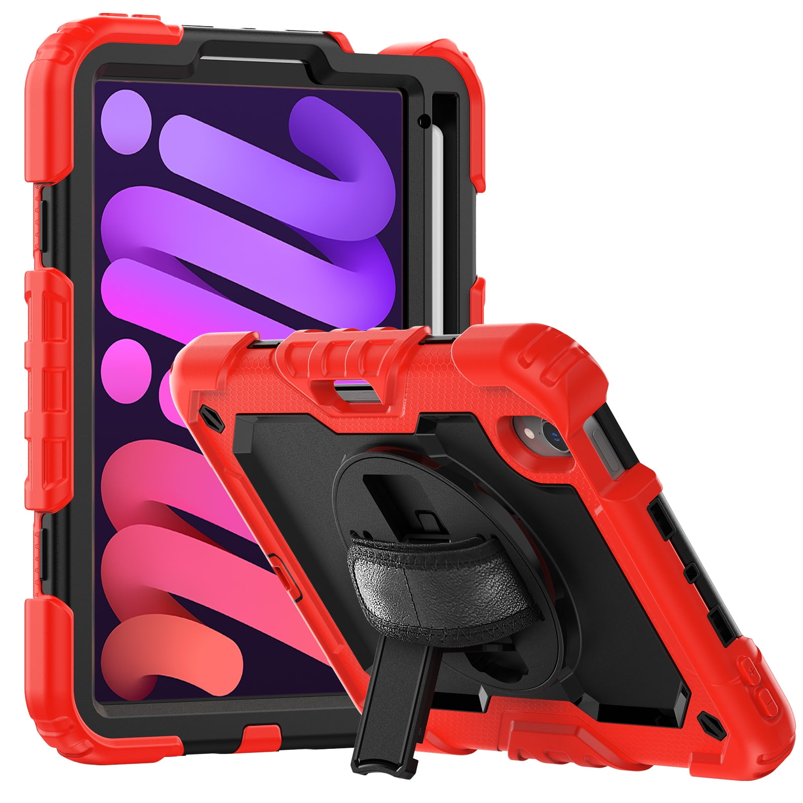 Shockproof Case for Apple iPad mini 6 /7 8.3" with Build In Screen Protector, Rugged Rotating Stand Shoulder Strap Pencil Holder Kids Friendly Bumper Case for Apple iPad mini 6/ Mini 7, Red