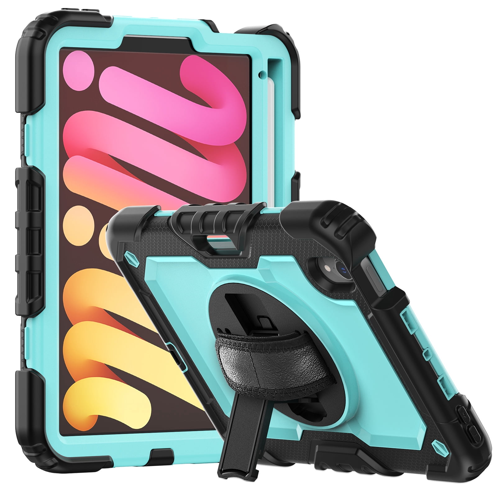 Shockproof Case for Apple iPad mini 6 /7 8.3" with Build In Screen Protector, Rugged Rotating Stand Shoulder Strap Pencil Holder Kids Friendly Bumper Case for Apple iPad mini 6/ Mini 7, Mint+Black