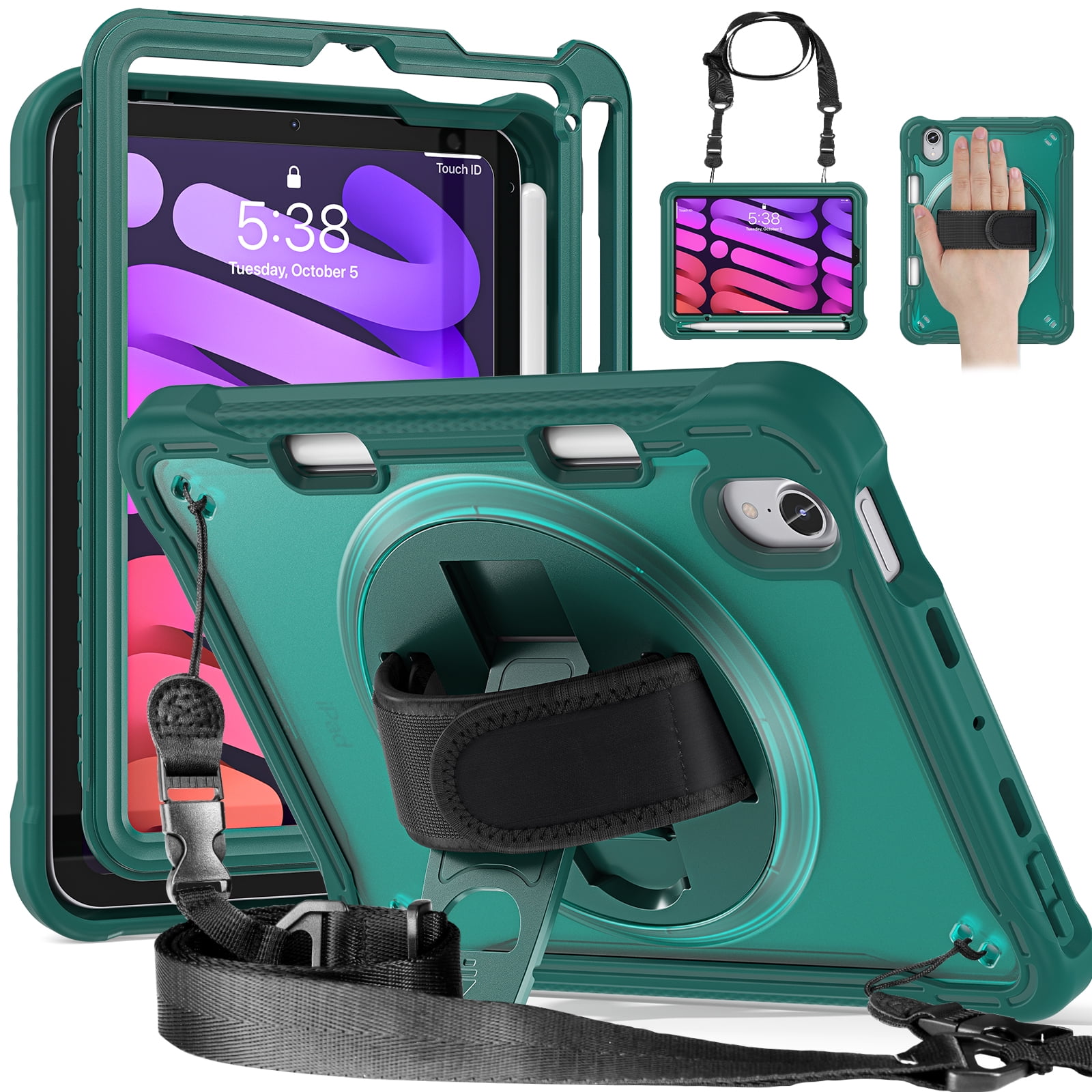 Shockproof Case for Apple iPad mini 6/7, iPad mini 6th 7th Gen Cover, 360 Rotating Stand Translucent Back Cover Shockproof Adjustable Shoulder Strap Kids Friendly with Pencil Holder, Darkgreen