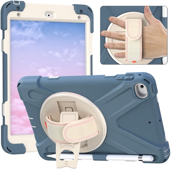 Shockproof Case Compatible with iPad Mini 5/4/3/2/1 Tablet (7.9 Inch) - Drop Proof Protective Back Cover Case with Kickstand /Rotating Hand Strap /Pencil Holder, Silicone Rugged Kids Case (Dark Blue)