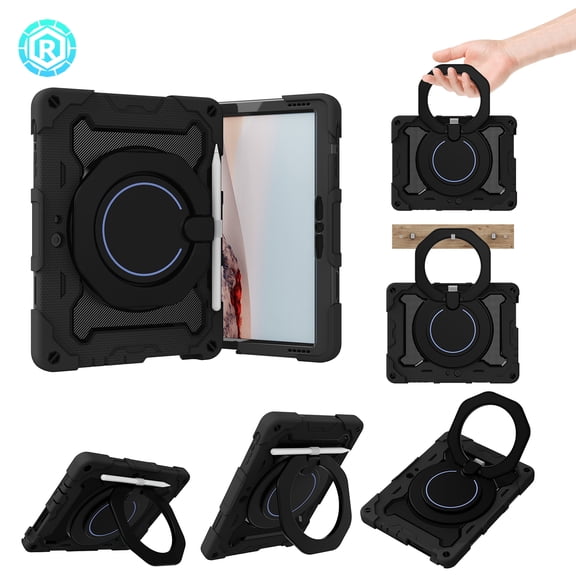 Shockproof Case Cover for Microsoft Surface Go 3 2021/ Surface Go 2 2020/ Surface Go 1 2018, Heavy Duty Rugged Shockproof Protective Rotating Kickstand Bumper Kids Friendly Handle Case, Black