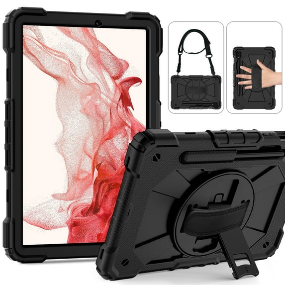Shockproof Case for Galaxy Tab S7 FE/Tab S8+ Plus/ Tab S7+ Plus, Rugged Hybrid Protection Kids Friendly Detachable Shoulder Strap/ Hand Strap Rotating Kickstand Bumper Cover, Black