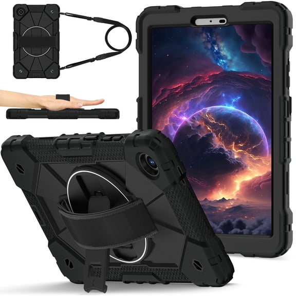 Shockproof Case for Lenovo Tab One / Tab K9 8.7" 2025 TB-305FU, Rugged Hybrid Protection Drop Proof Cover with Shoulder Strap & Hand Strap Rotating Kickstand Kids Friendly Case, Black