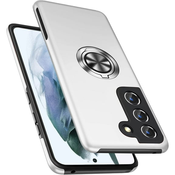 Shockproof Case for Samsung Galaxy S21 5G, [Built-in Camera Cover]  Grade Phone Case Cover with Embedded Metal Ring Stand Kickstand [Support Magnetic Car Holder] for S21, Silver