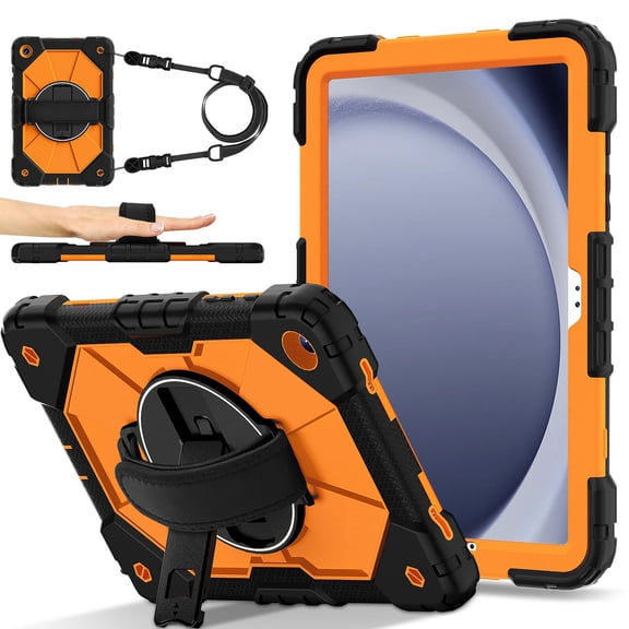 Shockproof Case for Samsung Galaxy Tab A11 8.7 Inch SM-X133 X135 2025, Rugged Hybrid Protection Drop Proof Cover with Shoulder Strap & Hand Strap Rotating Kickstand Kids Friendly Case,Orange