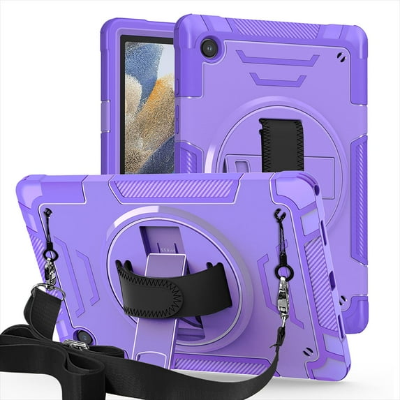 Shockproof Case for Samsung Galaxy Tab A8 10.5" SM-X200 X205 X207, Military Grade Protection Rotating Stand Hand Strap Shoulder Strap Kids Friendly Bumper Rugged Case for Galaxy Tab A8 10.5",Purple