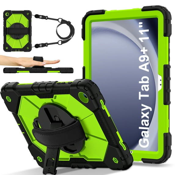Shockproof Case for Samsung Galaxy Tab A9+ 11 Inch SM-X210 X215 X216, Rugged Hybrid Protection Drop Proof Cover with Shoulder Strap & Hand Strap Rotating Kickstand Kids Friendly Case,Olive