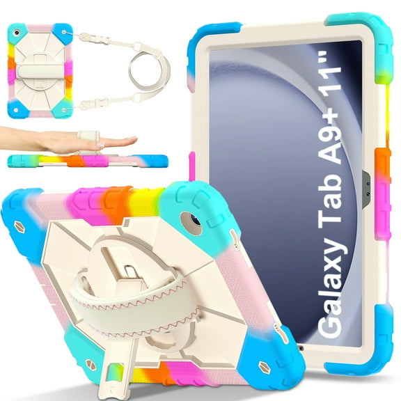 Shockproof Case for Samsung Galaxy Tab A9+ 11 Inch SM-X210 X215 X216, Rugged Hybrid Protection Drop Proof Cover with Shoulder Strap & Hand Strap Rotating Kickstand Kids Friendly Case,Colorful
