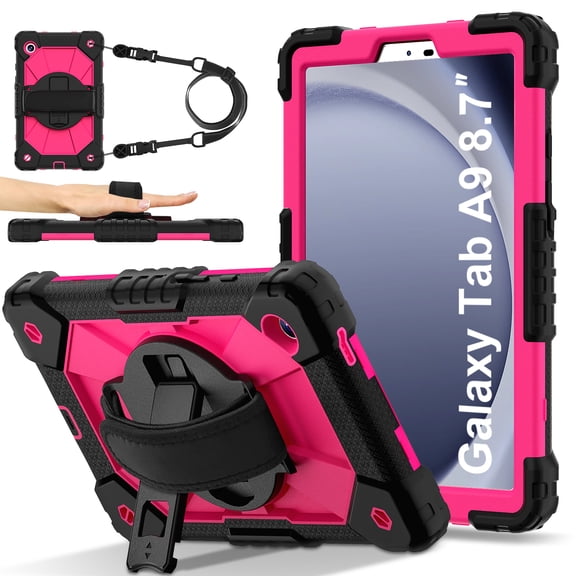 Shockproof Case for Samsung Galaxy Tab A9 8.7 Inch SM-X110 X115 X116, Rugged Hybrid Protection Drop Proof Cover with Shoulder Strap & Hand Strap Rotating Kickstand Kids Friendly Case,Rose