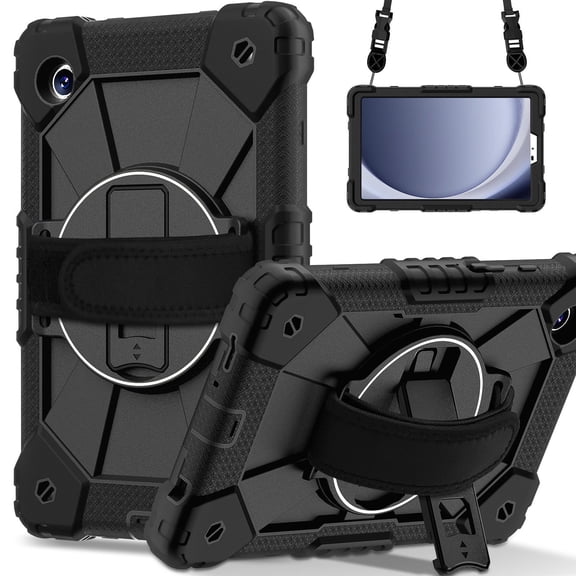 Shockproof Case for Samsung Galaxy Tab A9 8.7" SM-X110 X115, Rugged Hybrid Protection Drop Proof Cover with Shoulder Strap & Hand Strap [PET Screen Protector Film] Rotating Kickstand Case,Black