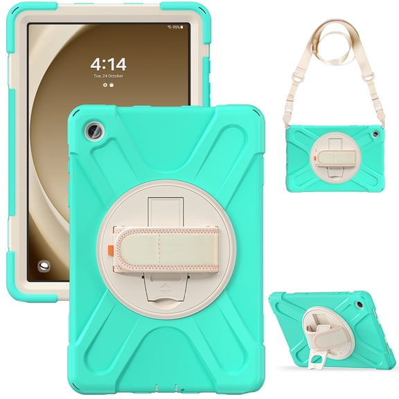 Shockproof Case for Samsung Galaxy Tab A9+ Plus 11 Inch Tablet SM-X210 X215, Heavy Duty Protection Shockproof Shoulder Strap Rotating Hand Strap Stand Case Cover for Galaxy Tab A9+,Mintgreen