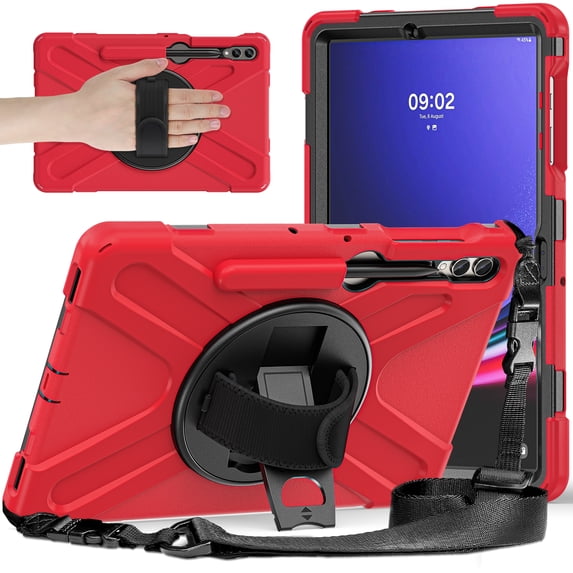 Shockproof Case for Samsung Galaxy Tab S10 Ultra/ Tab S9 Ultra, 360 Rotating Stand Heavy Duty Protective Shoulder Strap w/ S Pen Holder Hand Strap Cover for Galaxy Tab S10 Ultra/ S9 Ultra, Red