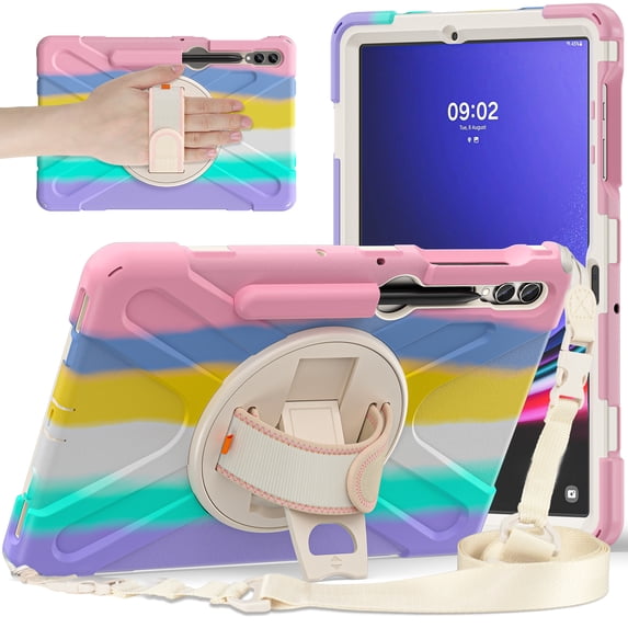 Shockproof Case for Samsung Galaxy Tab S10 Ultra/ Tab S9 Ultra, 360 Rotating Stand Heavy Duty Protective Shoulder Strap w/ S Pen Holder Hand Strap Cover for Galaxy Tab S10 Ultra/ S9 Ultra,Rainbow Pink