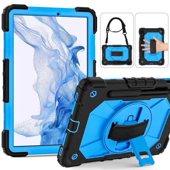 Shockproof Case for Samsung Galaxy Tab S8 X700/ Galaxy Tab S7 T870 11 Inch, Rugged Hybrid Protection Kids Friendly Detachable Shoulder Strap/ Hand Strap Rotating Kickstand Bumper Cover, Blue