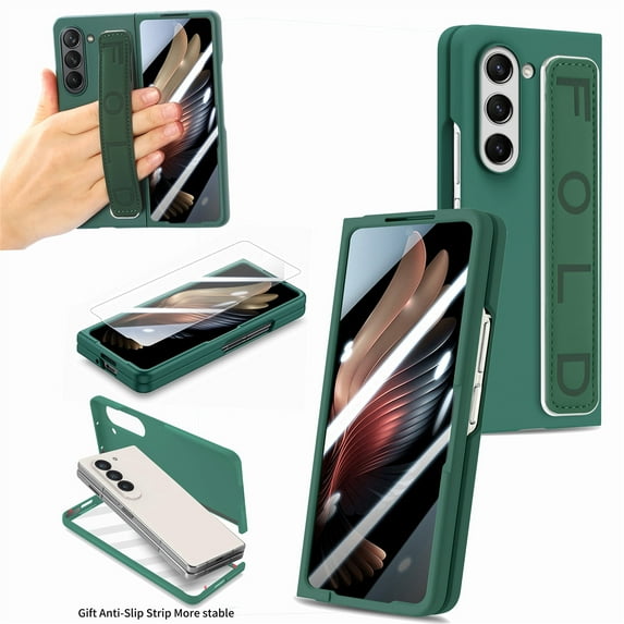 Shockproof Case for Samsung Galaxy Z Fold 5 5G, 9H Tempered Film Screen Protection Cover, Anti-Scratch Case Slim Fit with Adjustable Wristband Holder for Samsung Galaxy Z Fold 5, Dark Green