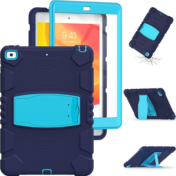 Shockproof Case for iPad 10.2 (9th/8th/7th Generation, 2021/2020/2019 Release), Kids Friendly Heavy Duty Rugged Hybrid Protective Tablet Cover with Kickstand, Navy+Blue