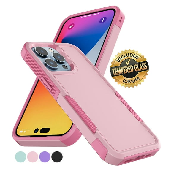 Shockproof Case for iPhone 14/14 Pro Max/14 Plus, Phone Case for iPhone 14 /Pro/ Max with Screen Protector, EBIZCITY Protection Armor Hard Plastic & Rubber Rugged Bumper 2-in-1 Case Cover -Pink