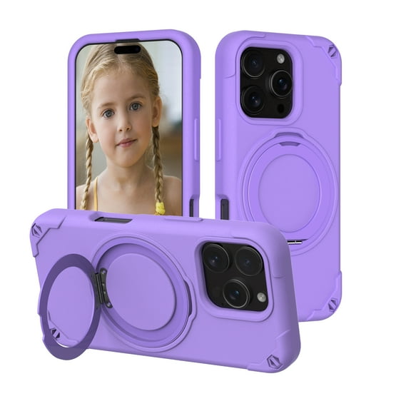 Shockproof Case for iPhone 15, EVA + Aluminum Alloy Bracket, 360° Rotating Magnetic Ring Kickstand, Luxury Kid-Friendly Rugged Protective Phone Cover for iPhone 15, Purple