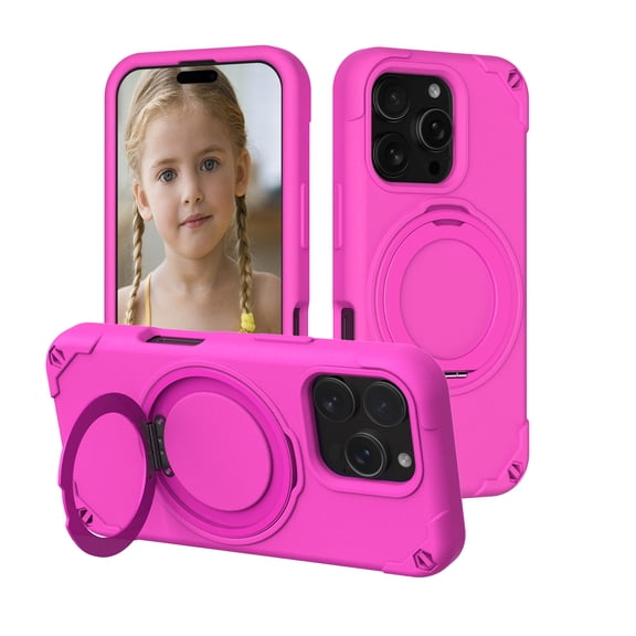 Shockproof Case for iPhone 16 Pro Max, EVA + Aluminum Alloy Bracket, 360° Rotating Magnetic Ring Kickstand, Luxury Kid-Friendly Rugged Protective Phone Cover for iPhone 16 Pro Max, Rose
